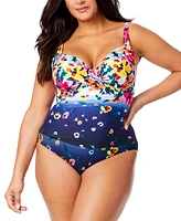 Anne Cole Plus Floral-Print Draped-Front Underwire One-Piece Swimsuit