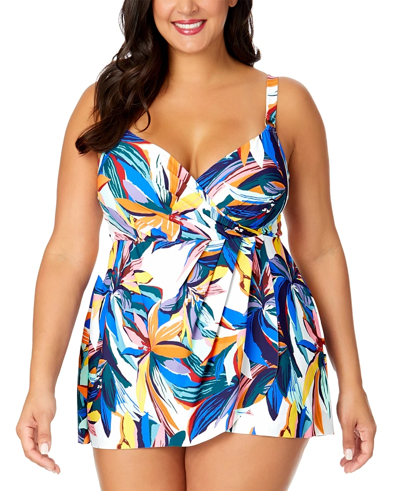 Anne Cole Plus Size Printed Surplice Swim Dress