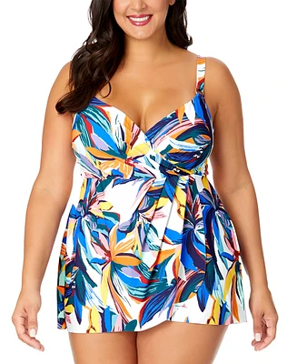 Anne Cole Plus Size Printed Surplice Swim Dress