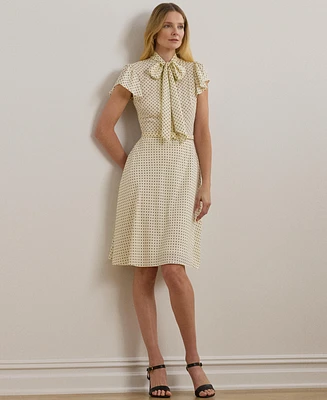 Lauren Ralph Women's Polka-Dot Belted Crepe Tie-Neck Dress