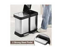 Dual Trash Can, Stainless Steel 2 x 6.5 Gal (2 x 25L) Garbage Can, Double Steel Pedal Recycle Bin with Lid and Inner Buckets, Rectangular Hands-Free K