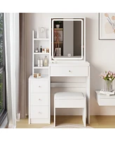 Small Size Left Bedside Cabinet Vanity Table + Cushioned Stool – Stylish and Functional Makeup Station with Led Mirror