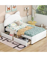 Upholstered Platform Bed with Cartoon Ears Shaped Headboard and 2 Drawers