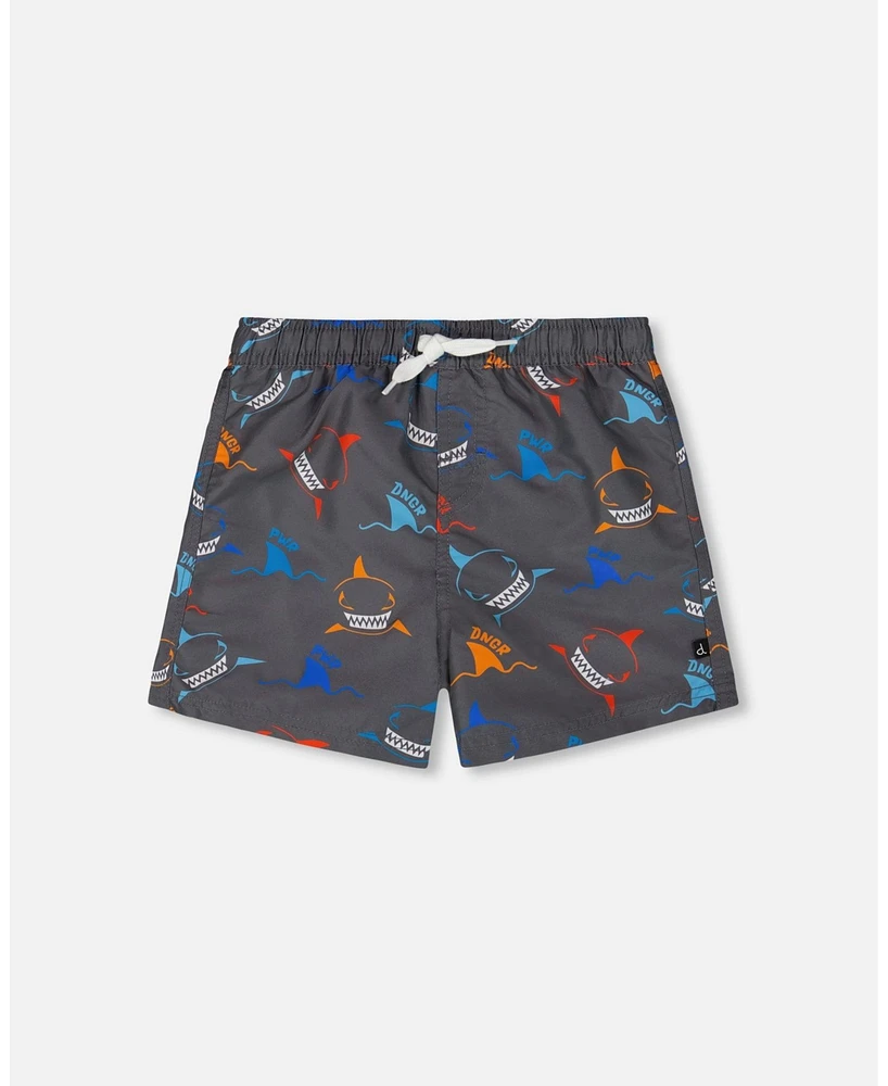 Deux par Boy Printed Boardshorts Orange, Red, And Blue Sharks On Gray - Toddler|Child