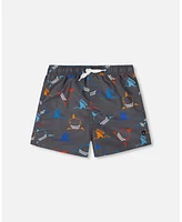 Deux par Boy Printed Boardshorts Orange, Red, And Blue Sharks On Gray - Toddler|Child