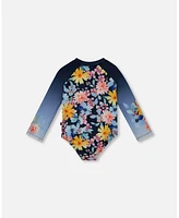 Deux par Girls Printed Long Sleeve Rashguard Navy And Yellow Pink Flowers