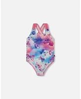 Deux par Girls Printed One-Piece Swimsuit Butterflies On Multicolored Background