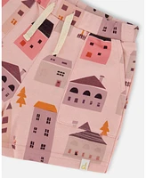 Deux par Toddler Girls Printed French Terry Short Pink And Coral Houses - Toddler|Child