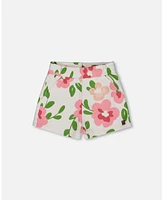 Deux par Toddler Girls Printed French Terry Short Pink Flowers On White Background - Toddler|Child