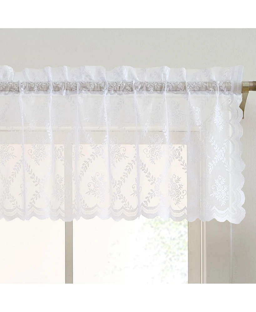 Hlc.me Isabella Floral Rod Pocket Lace Semi Sheer Voile Short Valance for Small Windows, Kitchen & Bathroom - 54 x 18 Inch Length (White Valance)
