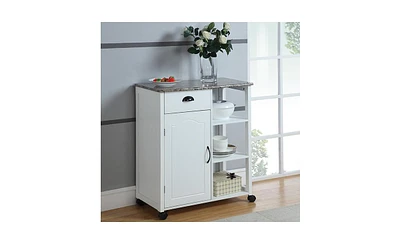 Kings Brand Furniture - White Finish Wood & Marble Vinyl Top Kitchen Storage Cabinet Cart