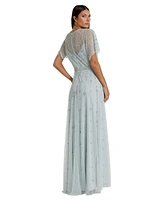 Mac Duggal Women's V-Neck Embellished Flutter Sleeve A Line Gown