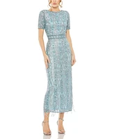 Mac Duggal Women's High Neck Short Sleeve Crystal Fringe Column Dress