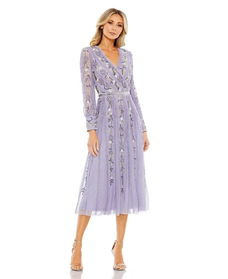 Women's Long Sleeve Embroidered Wrap Midi Dress