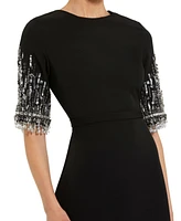 Mac Duggal Women's Crepe A Line Gown With Beaded 3/4 Sleeves