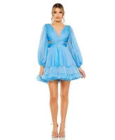 Mac Duggal Women's Long Sleeve Chiffon Cut Out Mini Dress