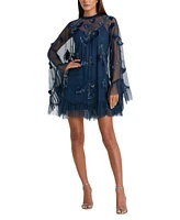 Mac Duggal Women's Embellished Long Flare Sleeve Mesh A-Line Dress