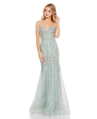 Women's Embellished Sleeveless Plunge Neck Trumpet Gown