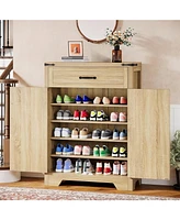Tribesigns Shoe Cabinet Storage, 20-25 Pairs Wood Shoe Racks with Doors and Drawers, 5-Tier Farmhouse Entryway Organizer with Adjustable Shelves for L