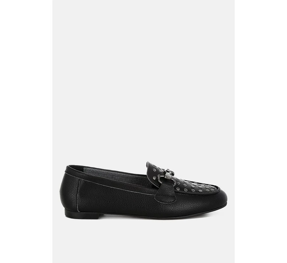 Modaha Horsebit & Studs Embellished Real Leather Loafers