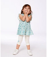 Deux par Toddler Girls Cotton Legging Cream With Blue Flowers - Toddler|Child