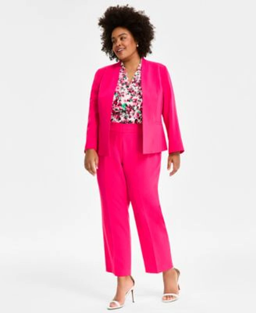 Kasper Plus Size Open Front Blazer Printed Blouse Stretch Crepe Straight Fit Suit Pants