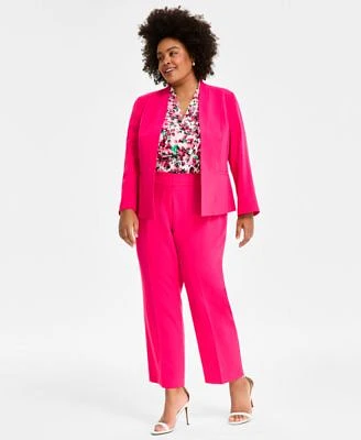 Kasper Plus Size Open Front Blazer Printed Blouse Stretch Crepe Straight Fit Suit Pants