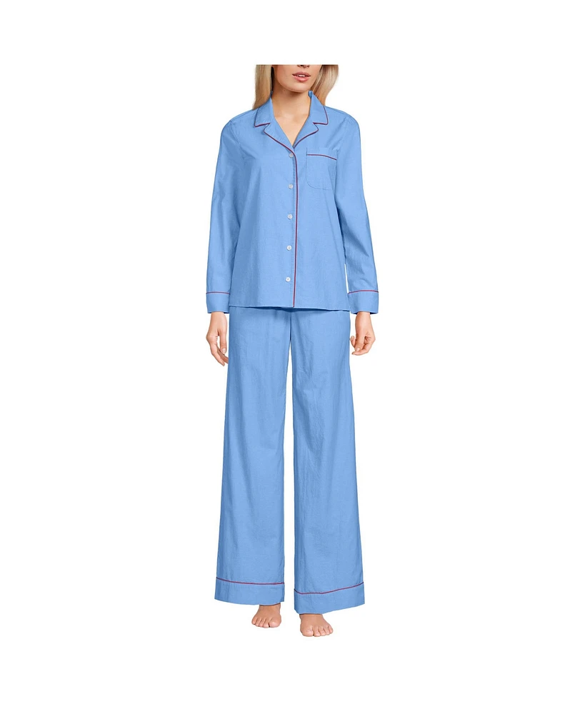 Lands' End Women's Cotton Poplin 2 Piece Pajama Set - Long Sleeve Top and Pants