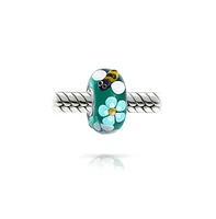 Bling Jewelry Teal Silver Bee Flower Murano Glass Charm Bead for European Bracelets