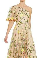 Women's One Shoulder Lace Embroidered Dress