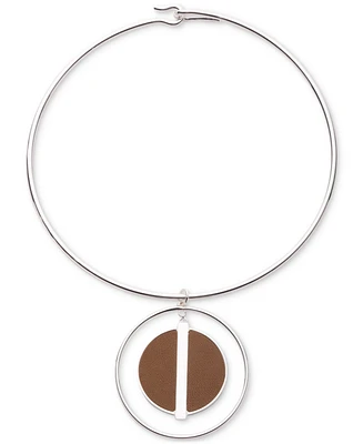 Lauren Ralph Lauren Silver-Tone Leather Disc Circular 16" Pendent Necklace