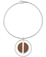 Lauren Ralph Lauren Silver-Tone Leather Disc Circular 16" Pendent Necklace