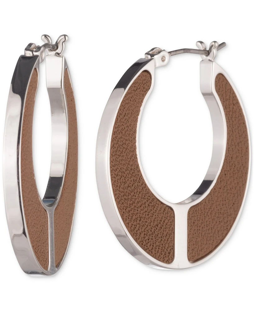 Lauren Ralph Lauren Silver-Tone Brown Leather Medium Hoop Earrings, 1.2"