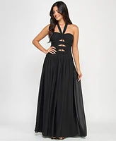 B Darlin Juniors' Cutout Gathered Sleeveless Halter Gown