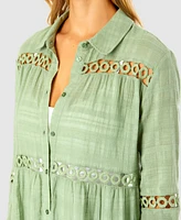 Ibiza Anne Cole Women's Button Up Bell Sleeve Crochet Trim Cover-Up Tunic