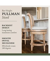 Maven Lane Pullman Bar Stool, Weathered Oak Finish w/ Sand Color Fabric Upholstery, Set of 2