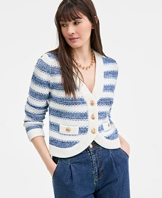 On 34th Women's Cotton Striped Curved-Hem Cardigan, Exclusively at Macy's