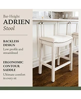 Maven Lane Adrien Saddle Bar Stool in White Oak Finish w/ Natural Fabric Upholstery, Set of 2
