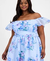 B Darlin Trendy Plus Off-The-Shoulder Floral-Print Gown