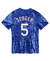 Outerstuff Big Boys and Girls Corey Seager Royal Texas Rangers Name Number Sequin V-Neck Top