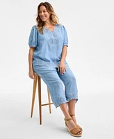Style Co Plus Size Scalloped Eyelet Top Chambray Pull On Pants Exclusively At Macys