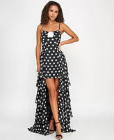 City Studios Juniors' Dot Print Ruffled High-Low Chiffon Gown