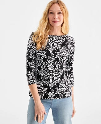 Style & Co Women's Printed Pima Cotton 3/4-Sleeve Top, Exclusively at Macy's