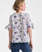 Charter Club Women's Hibiscus Garden 100% Linen Tie-Sleeve Top, Exclusively at Macy's