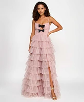 City Studios Juniors' Ruffled Side-Slit Bow-Trim Ball Gown