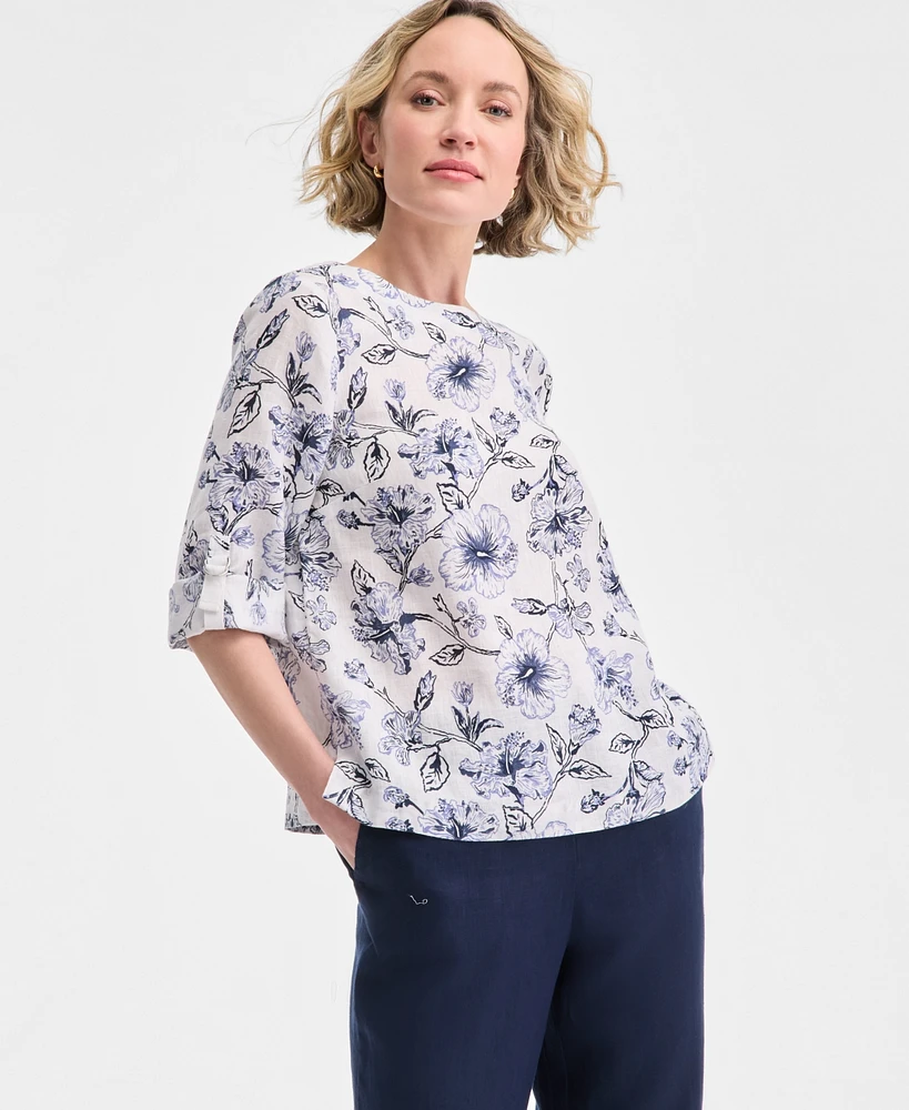 Charter Club Petite Printed Linen Boat-Neck Top, Exclusively at Macy's