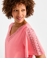 Style & Co Petite Lace-Trimmed V-Neck Pullover Top, Exclusively at Macy's