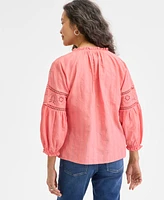 Style & Co Women's Cotton Embroidered 3/4-Sleeve Top, Exclusively at Macy's