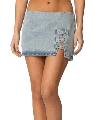 Edikted Womens Bowdie Washed Denim Mini Skirt