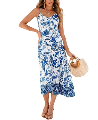 Women's Indigo Florals Scoop Neck Cover-Up Maxi Beach Dress